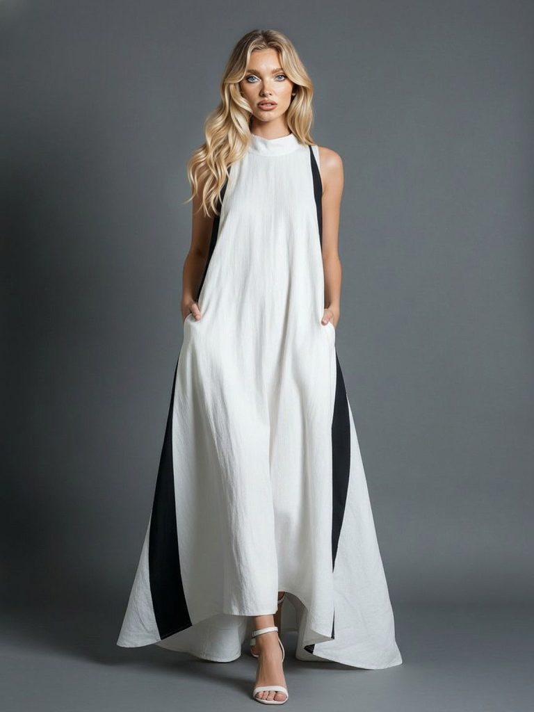 Color Block High Neck Maxi Dress