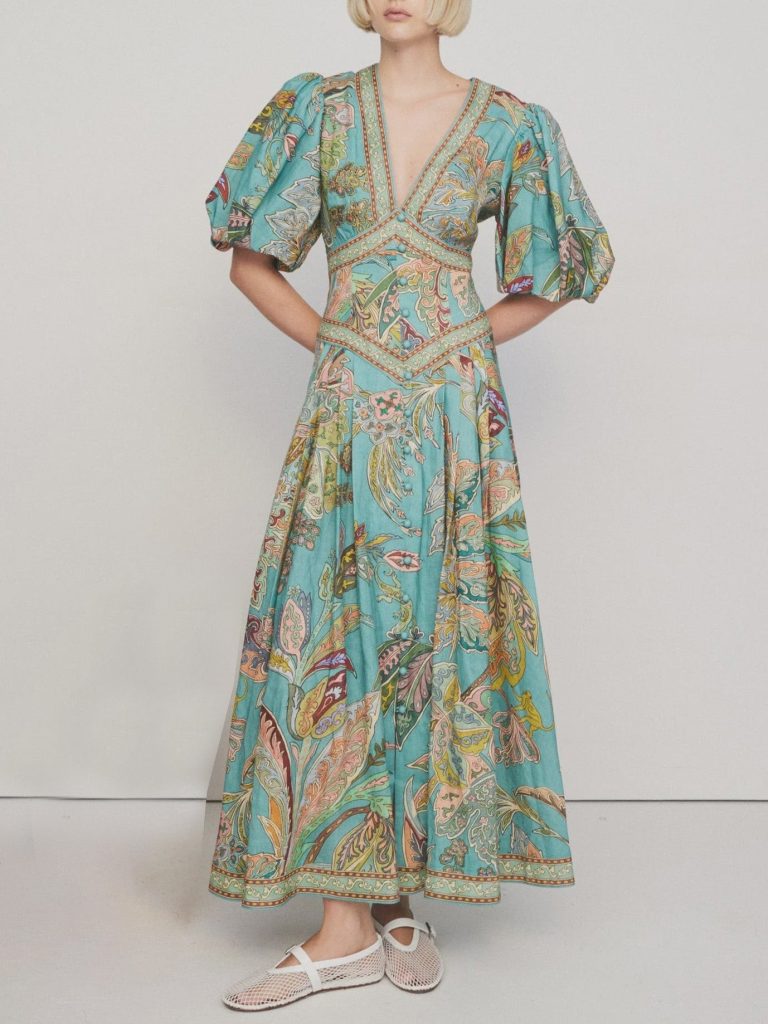 Printed Floral Satin Vintage Midi Dress