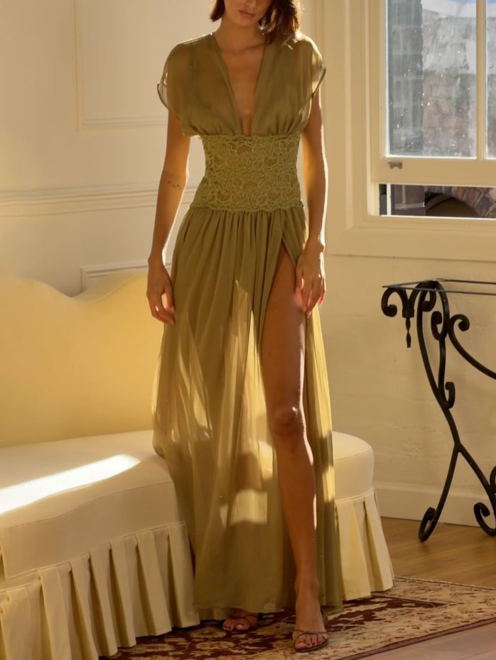Lace V-Neck Slit Elegant Maxi Dress